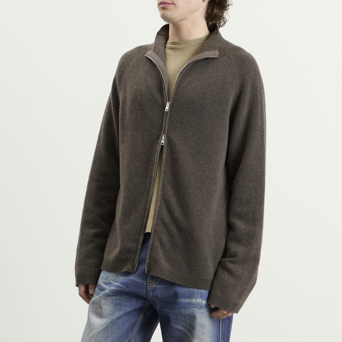 Our Legacy Men's Spray Dye Cherub Wool Line Zip Cardigan in Mud
