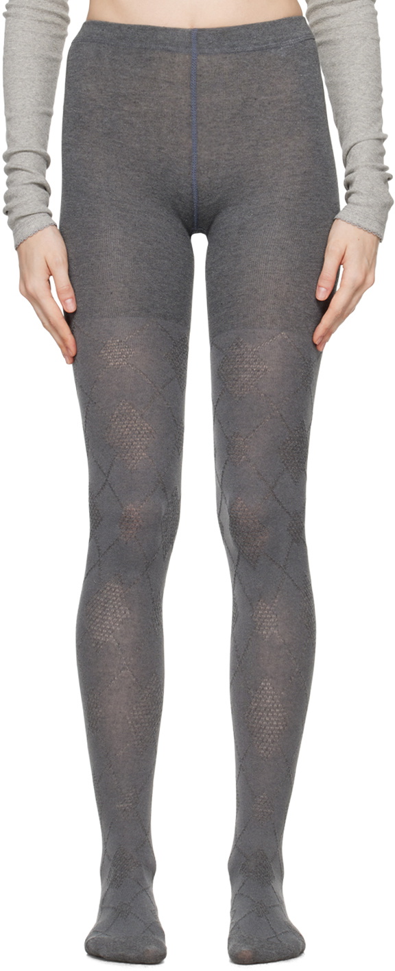 OPEN YY☆24FW ARGYLE COTTON TIGHTS OPEN YY Gray Argyle Cotton Tights OPEN YY