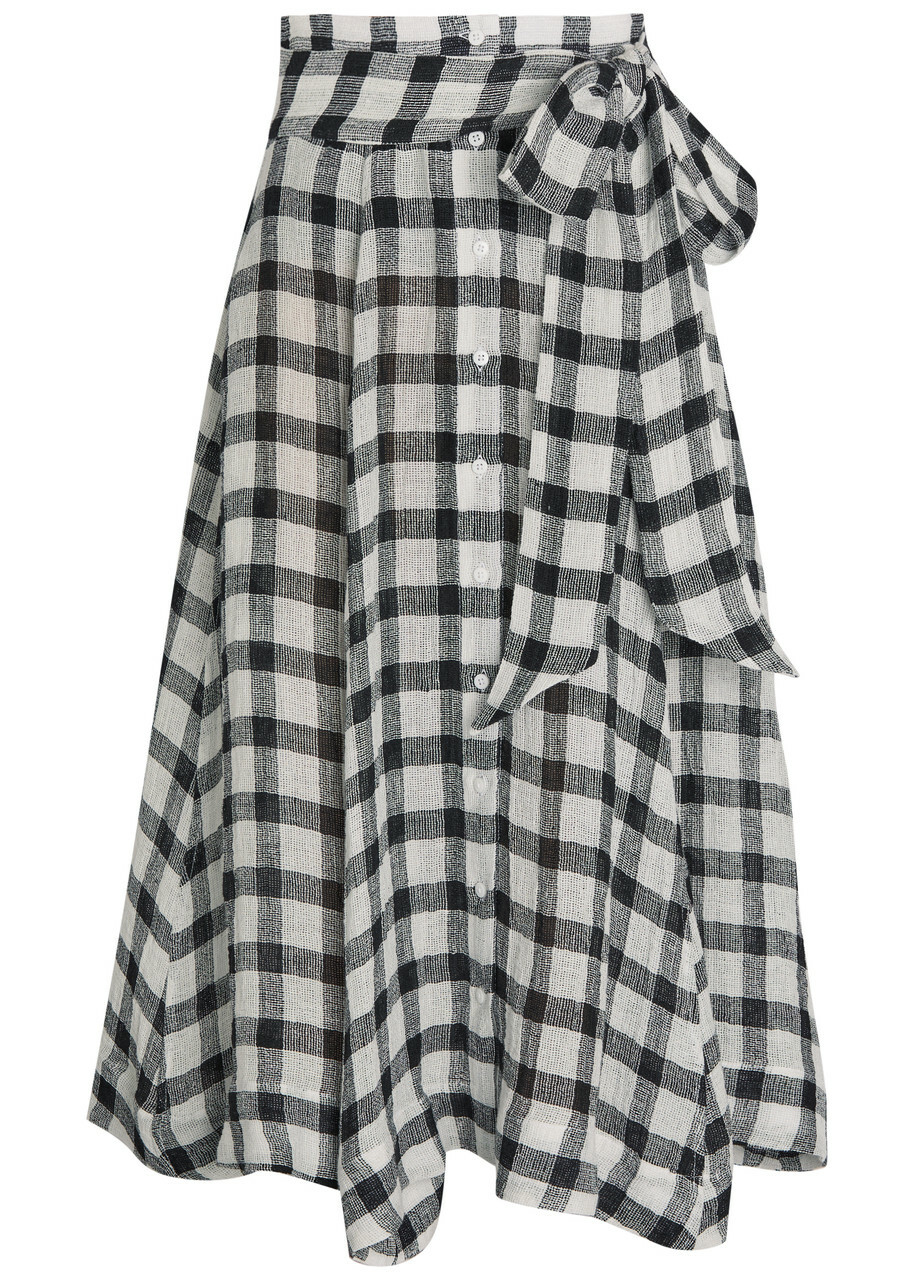 Lisa Marie Fernandez Checked Belted Linen-blend Midi Skirt Beige