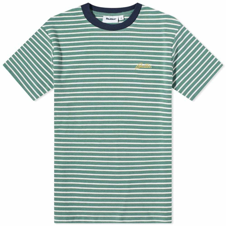 Photo: Butter Goods Men's Parks Stripe T-Shirt in Evergreen/White