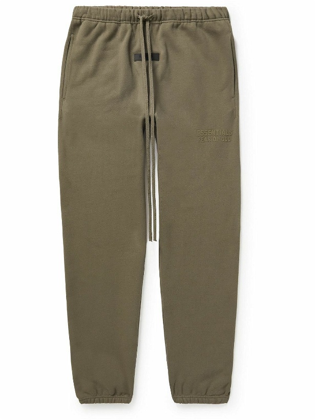 Photo: FEAR OF GOD ESSENTIALS - Tapered Logo-Flocked Cotton-Blend Jersey Sweatpants - Brown