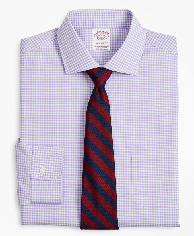 Photo: Brooks Brothers Men's Stretch Madison Relaxed-Fit Dress Shirt, Non-Iron Poplin English Collar Gingham | Lavender
