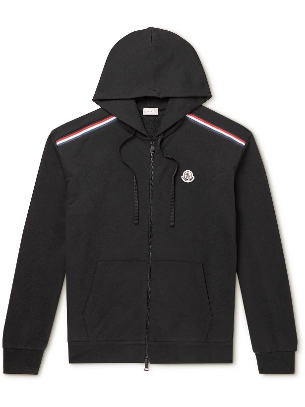 Photo: Moncler - Logo-Embroidered Striped Cotton-Jersey Zip-Up Hoodie - Black