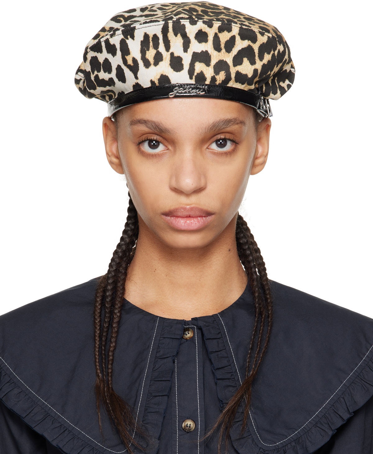 ☆Ganni☆ Woven Cotton Beret Leopard A6420943 GANNI Beige & Black Leopard Printed Beret GANNI
