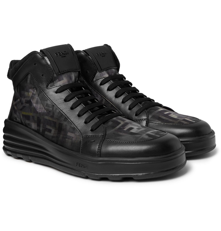 Photo: Fendi - Leather and Camouflage-Print Mesh High-Top Sneakers - Black