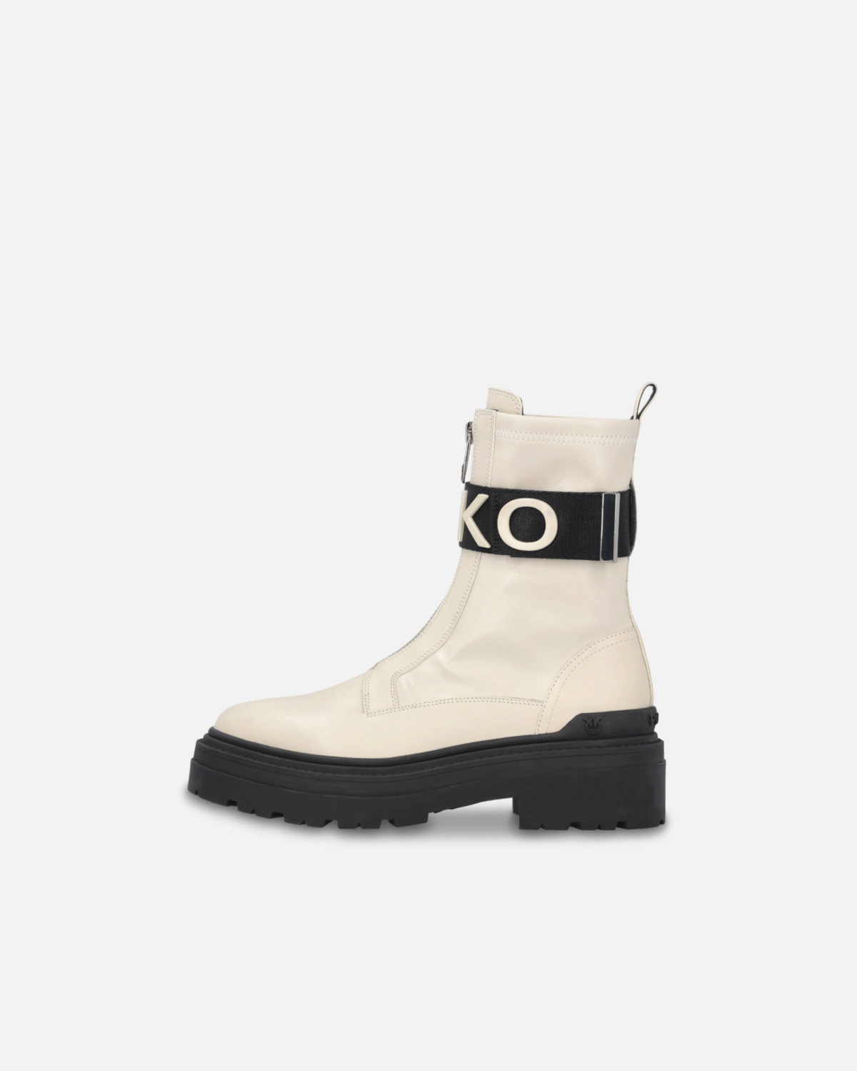 Pinko Leather Combat Boots With Branded Front Stretch Ribbon Yoghurt