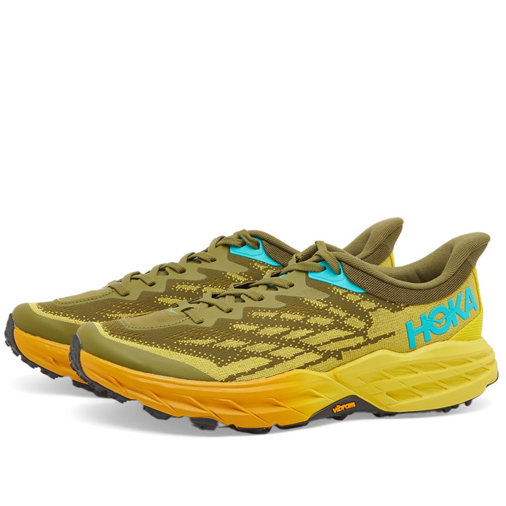 Photo: Hoka One One Men's Speedgoat 5 Sneakers in Avocado/Passion Fruit