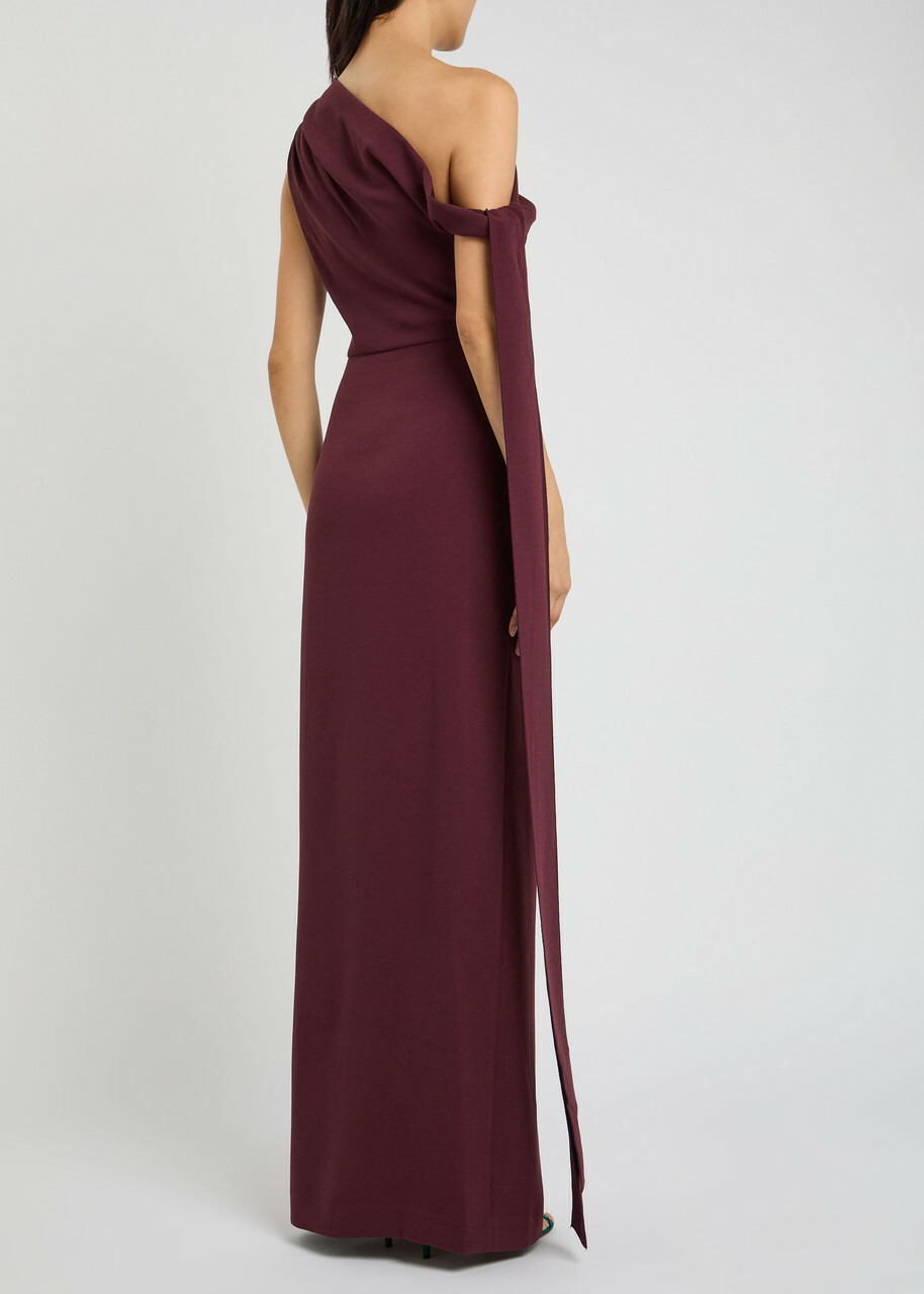Solace London Irina Draped Crepe Maxi Dress Aubergine
