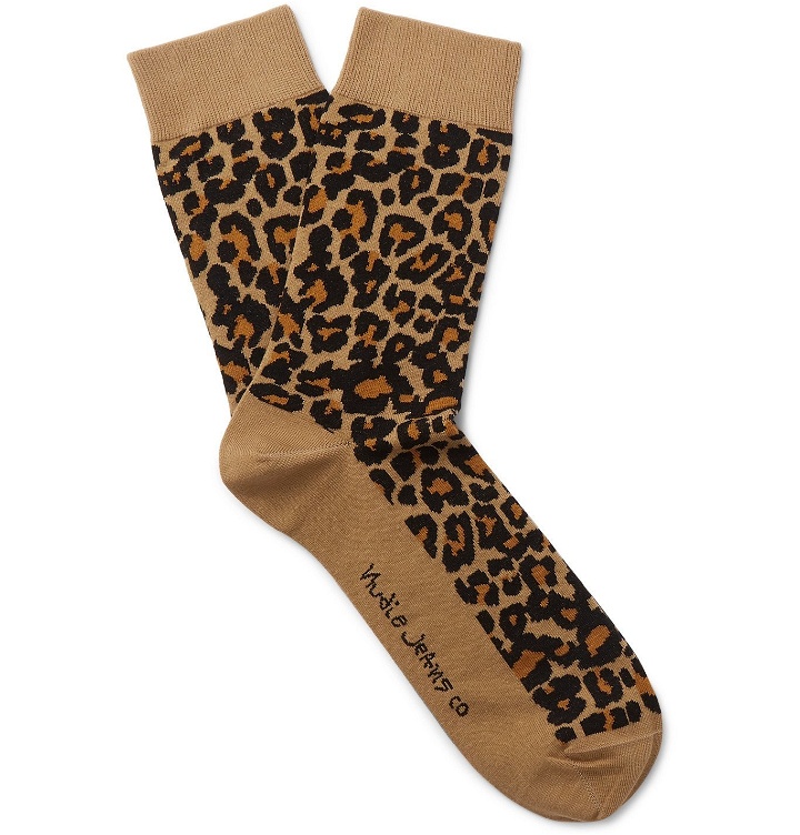 Photo: Nudie Jeans - Olsson Ribbed Leopard-Print Cotton-Blend Socks - Neutrals