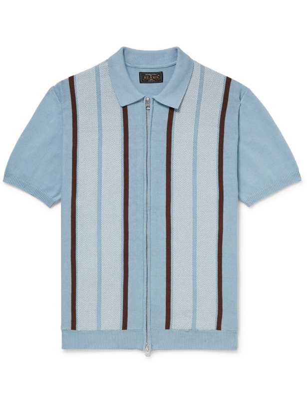 Photo: BEAMS PLUS - Slim-Fit Striped Cotton and Linen-Blend Zip-Up Polo Shirt - Blue