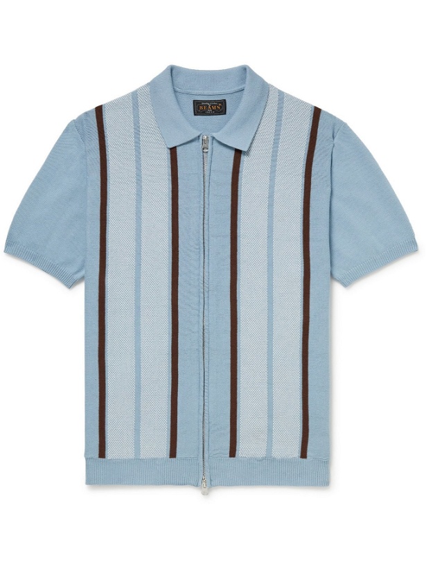 Photo: BEAMS PLUS - Slim-Fit Striped Cotton and Linen-Blend Zip-Up Polo Shirt - Blue