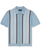 BEAMS PLUS - Slim-Fit Striped Cotton and Linen-Blend Zip-Up Polo Shirt - Blue