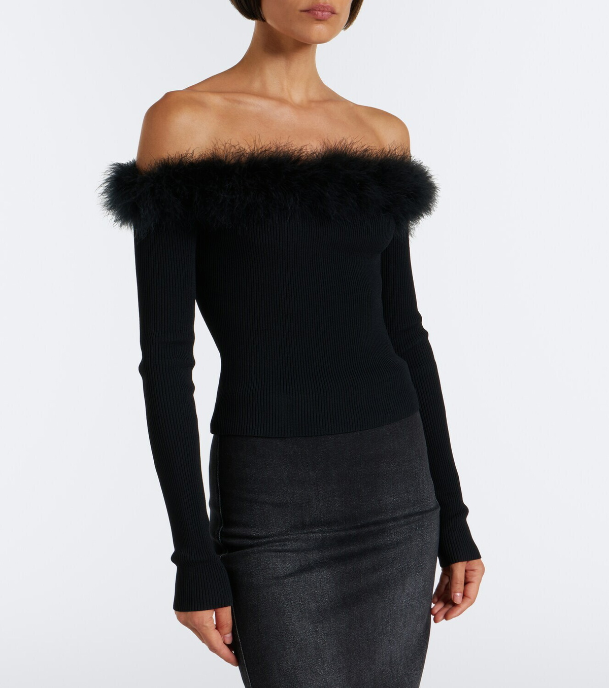 Gucci Feather-trimmed ribbed-knit top