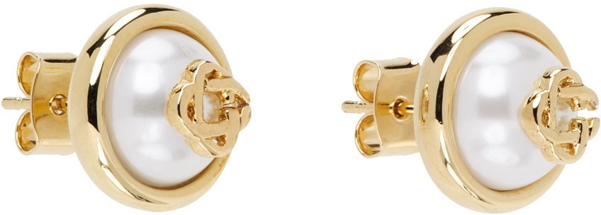 Casablanca Gold Pearl Logo Stud Earrings