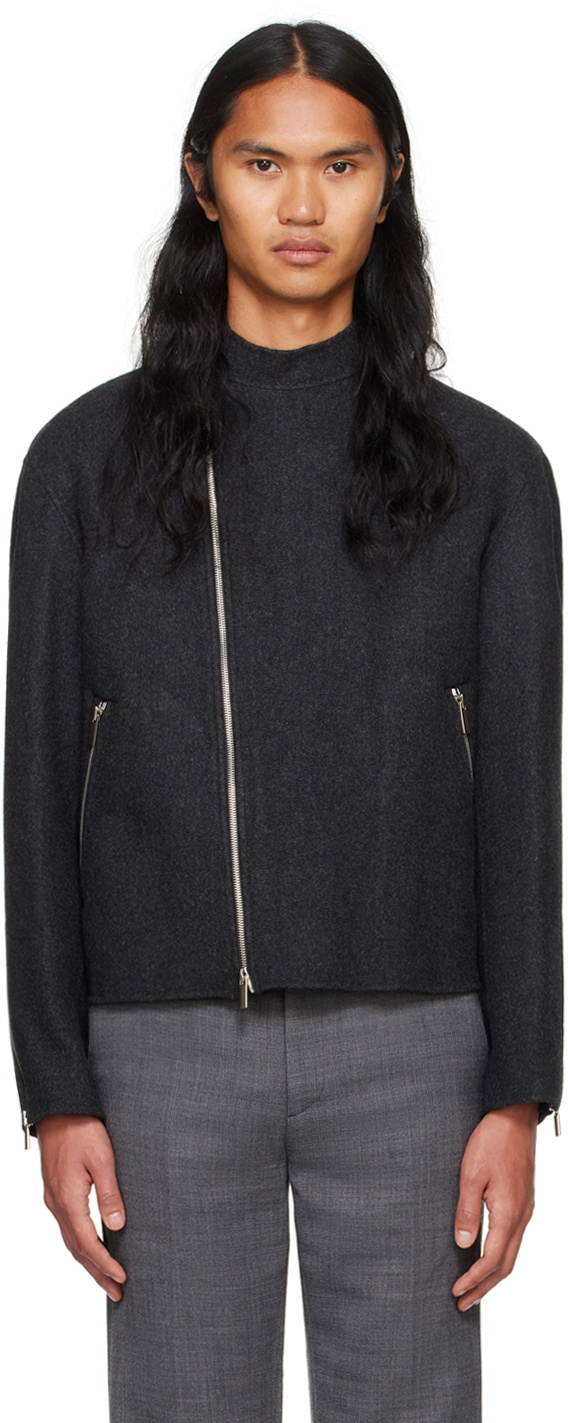 System Gray Double Faced Wool Biker Jacket
