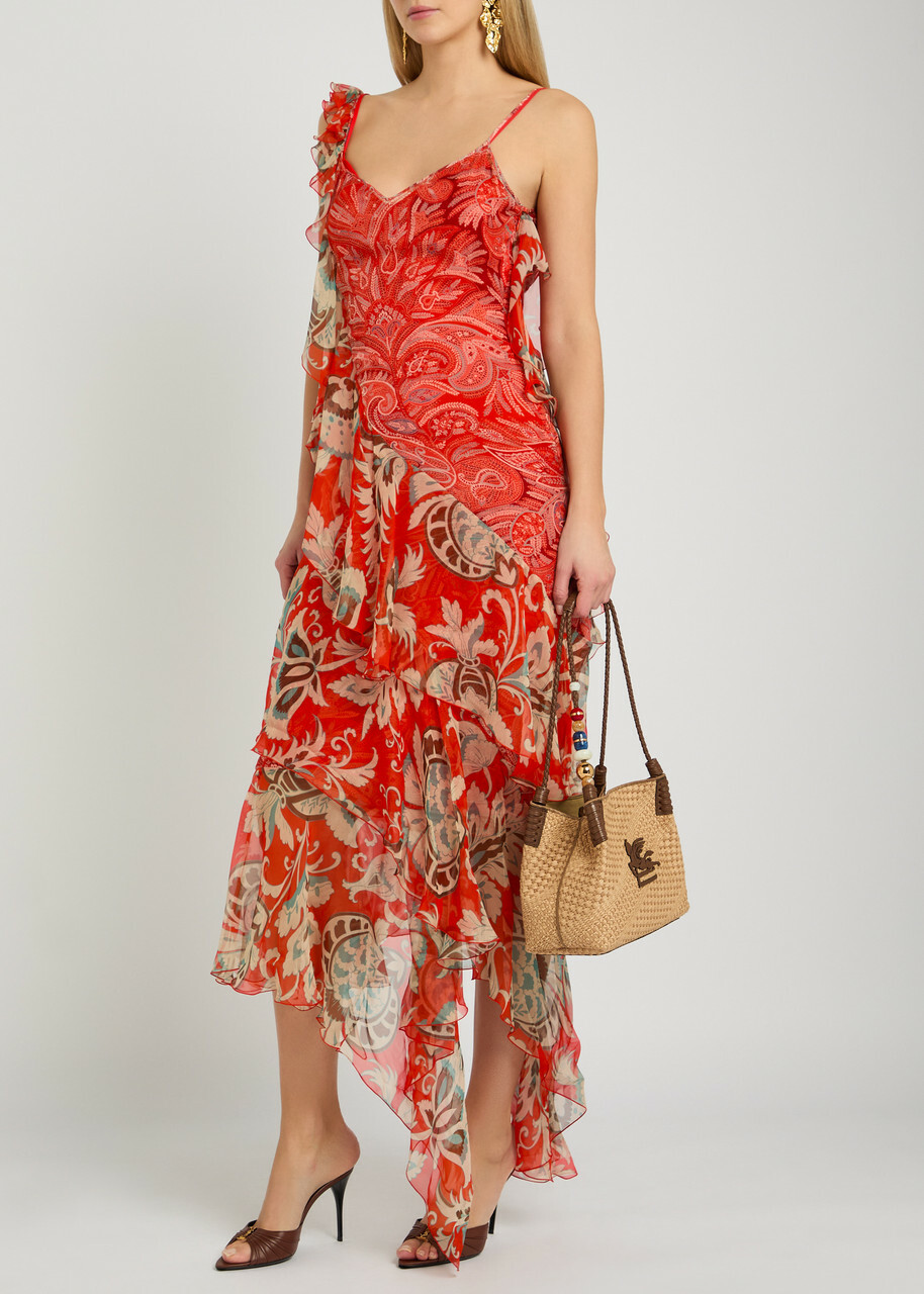Etro Floral Print Ruffled Silk Maxi Dress Multicoloured
