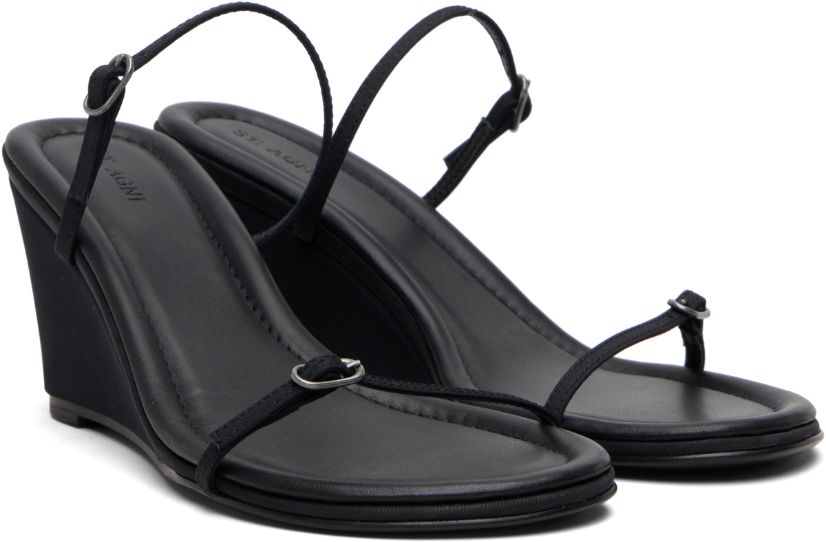St. Agni Black Petit Belt Detail Wedge Heeled Sandals