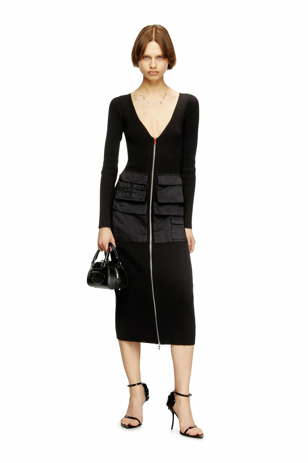 Diesel Ribbed midi dress with cargo pockets - Dresses Womens in Black