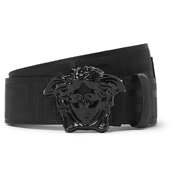 Photo: Versace - 4cm Leather and Logo-Jacquard Webbing Belt - Black