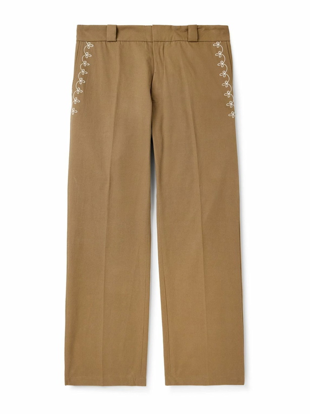 Photo: Cherry Los Angeles - Charro Straight-Leg Embroidered Cotton-Twill Trousers - Brown