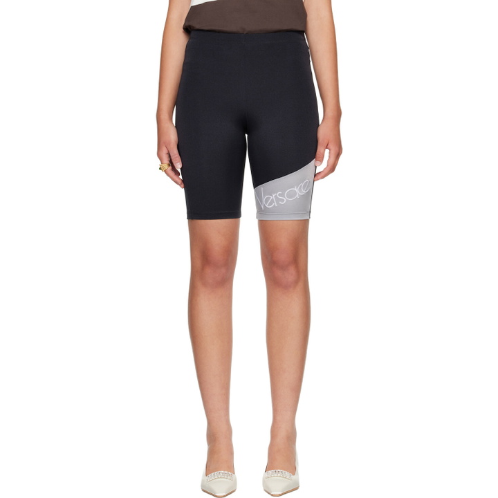 Photo: Versace Black Embroidered-Logo Bicycle Shorts