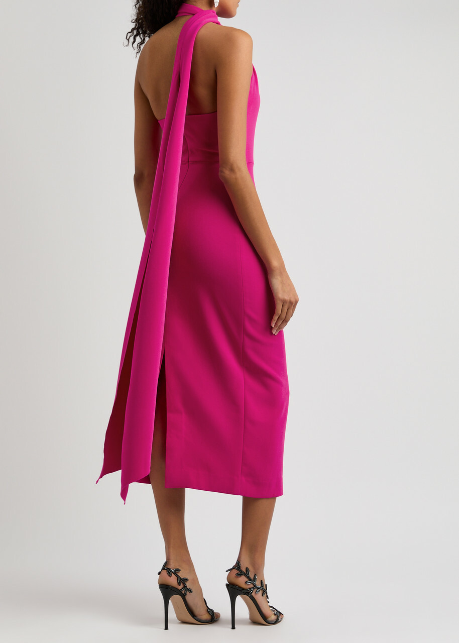 Solace London Samira One-shoulder Scarf-effect Midi Dress Dark Pink