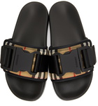 Burberry Beige & Black Buckled Strap Slides