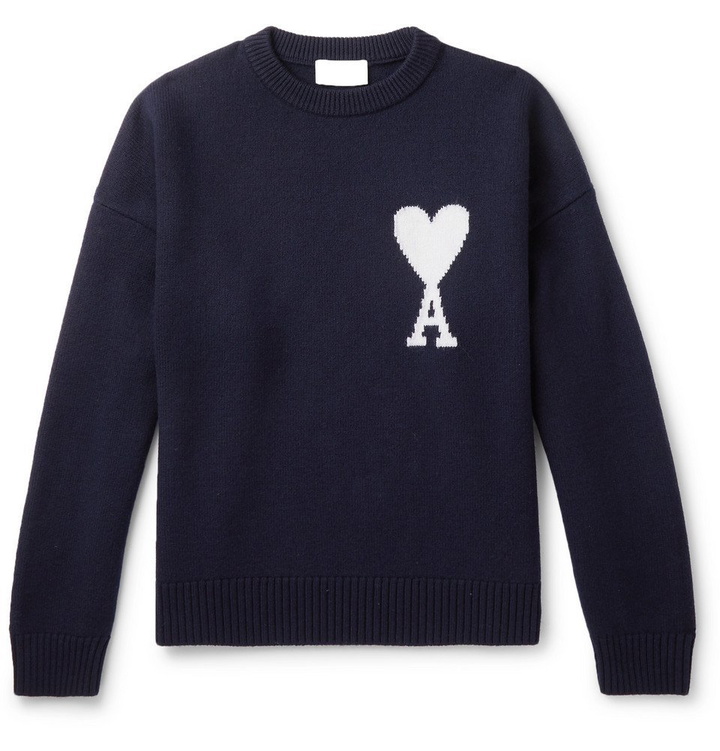 Photo: AMI - Logo-Intarsia Merino Wool Sweater - Midnight blue