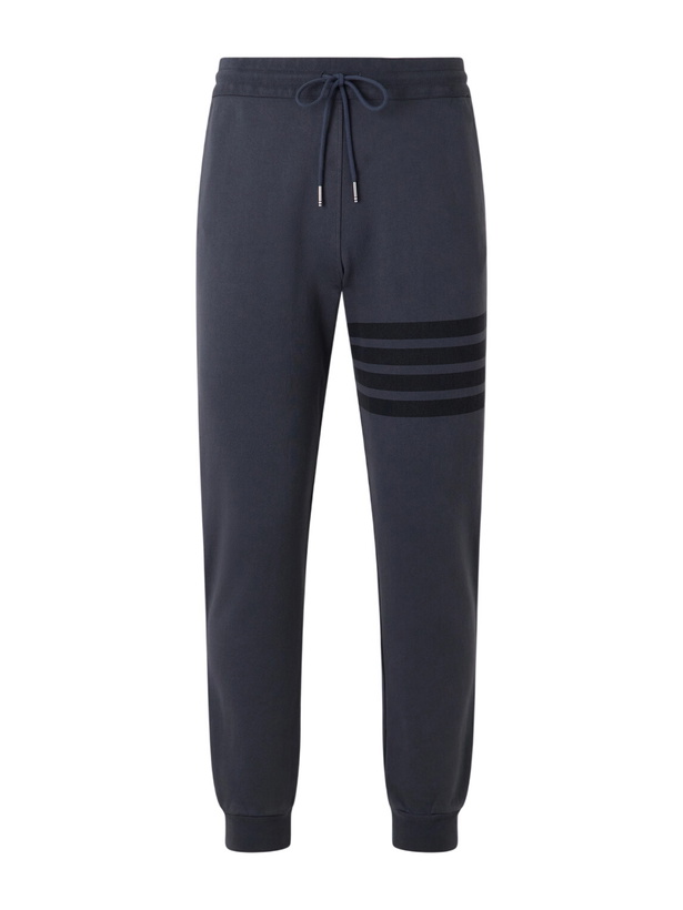 Photo: Thom Browne - Tapered 4-Bar Detailed Cotton-Jersey Drawstring Sweatpants - Gray