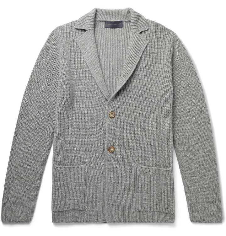 Photo: Thom Sweeney - Slim-Fit Ribbed Mélange Cashmere Cardigan - Gray