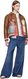 KidSuper Brown Patchwork Portraits Leather Varsity Jacket