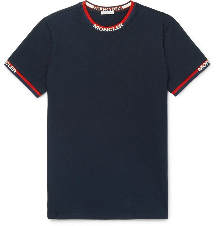 Photo: Moncler - Logo Webbing-Trimmed Cotton-Jersey T-Shirt - Navy