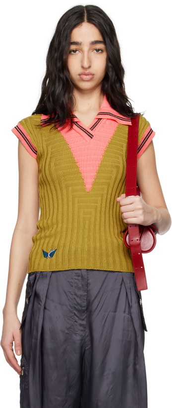 Photo: Kiko Kostadinov Green & Pink Quimby Sleeveless Knit Polo