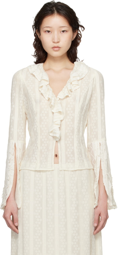Photo: Anna Sui Off-White Floral Ruffle Stretch Lace Blouse