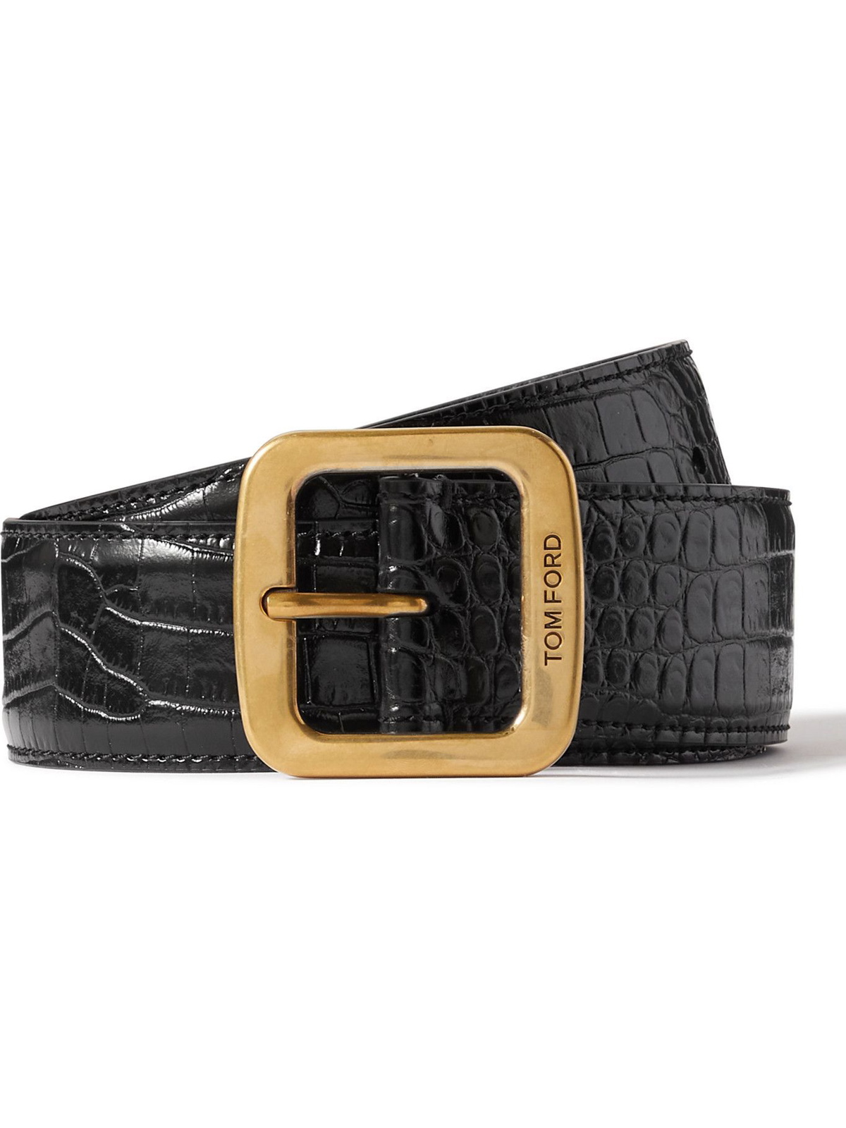 Croc Effect Leather Belt in Black - Tom Ford