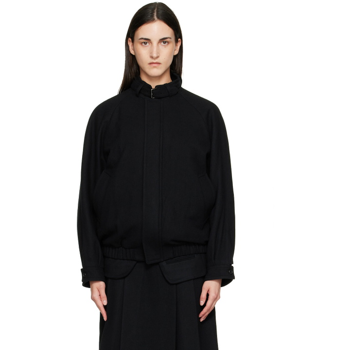 Photo: TONYWACK Black Wool Flannel Belted Stand Collar Bomber jacket