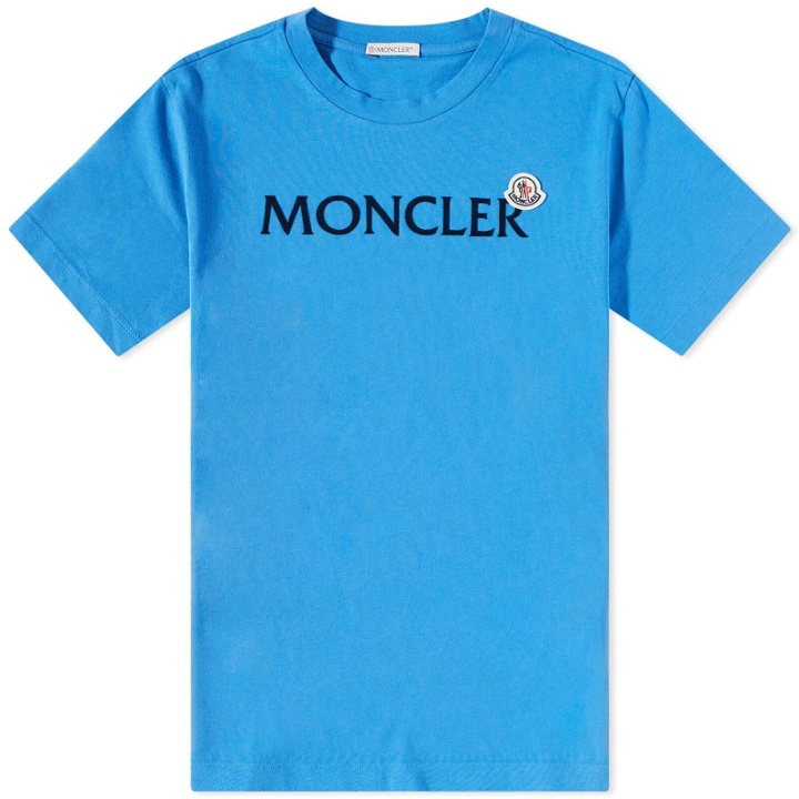 Photo: Moncler Men's Text Logo T-Shirt in Blue