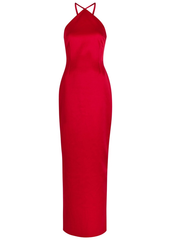 Photo: Solace London Fern Halterneck Satin Maxi Dress Red