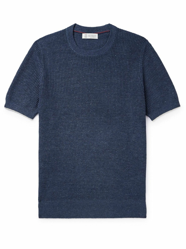 Photo: Brunello Cucinelli - Ribbed Linen and Cotton-Blend T-Shirt - Blue