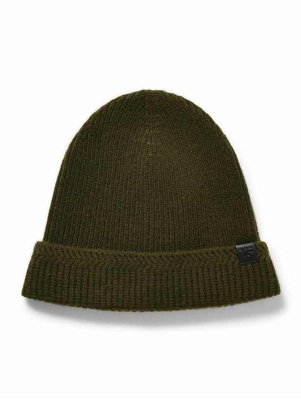 Photo: TOM FORD - Leather-Trimmed Ribbed Wool and Cashmere-Blend Beanie - Green