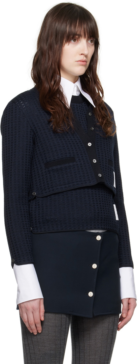 Thom Browne Navy Checkered Jacquard Cardigan Thom Browne