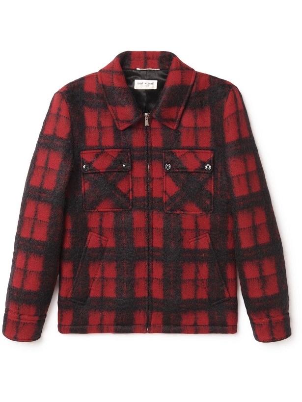 Photo: SAINT LAURENT - Checked Brushed Wool-Blend Overshirt - Red