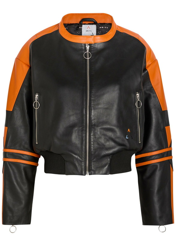 Photo: AN-Y1 Biker Padded Colour-blocked Leather Jacket Black