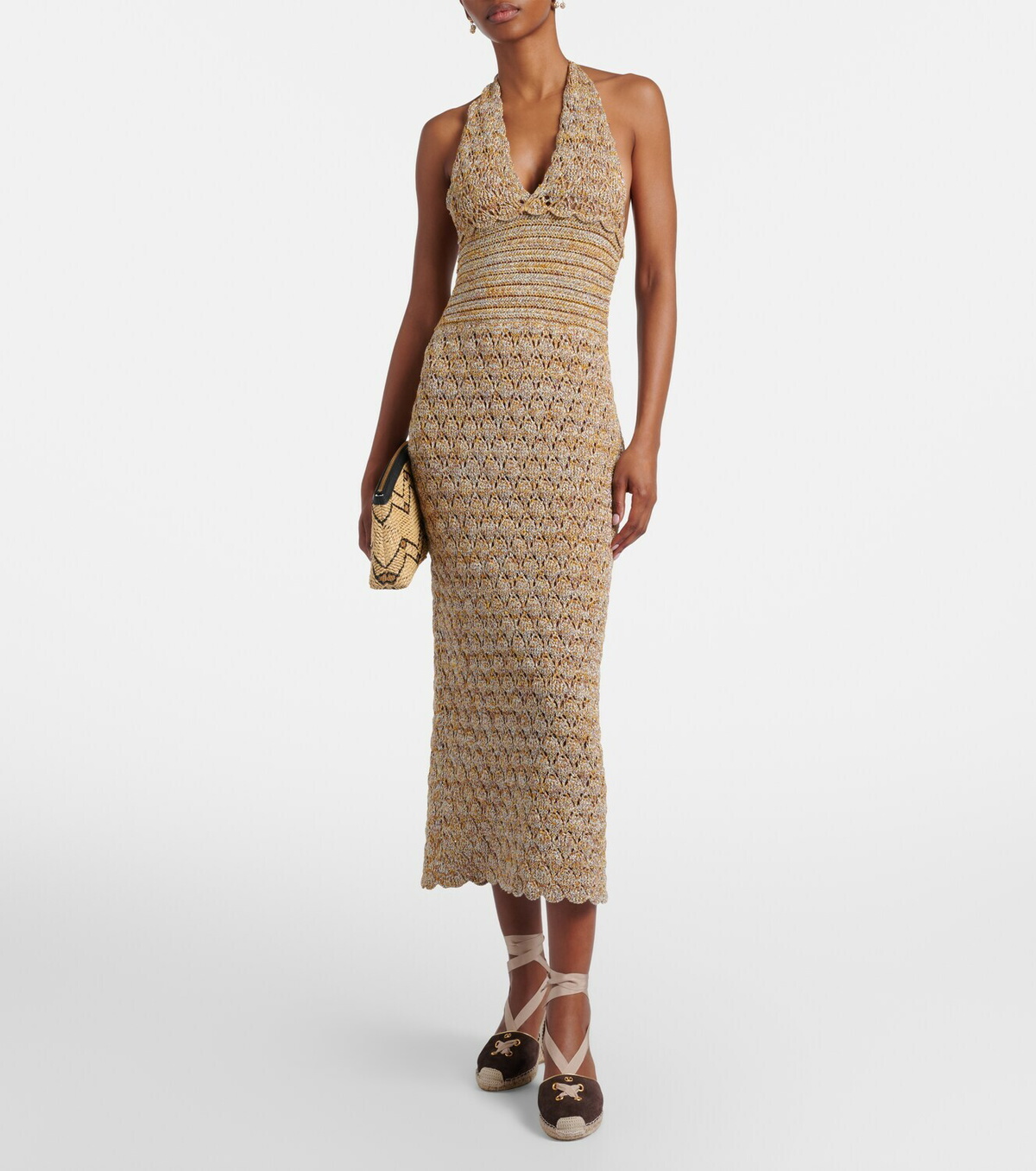 Valentino Open-knit linen-blend lamé midi dress
