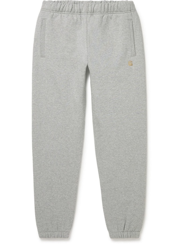 Photo: Carhartt WIP - Chase Tapered Logo-Embroidered Cotton-Blend Jersey Sweatpants - Gray