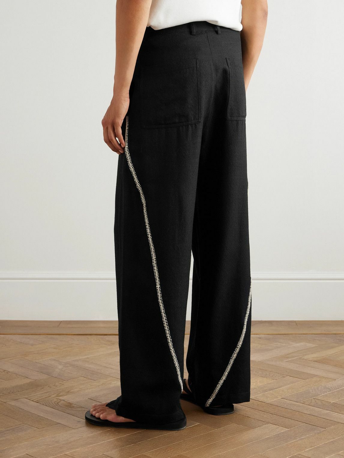 Kartik Research - Manari Straight-Leg Embroidered Textured-Wool Trousers - Black