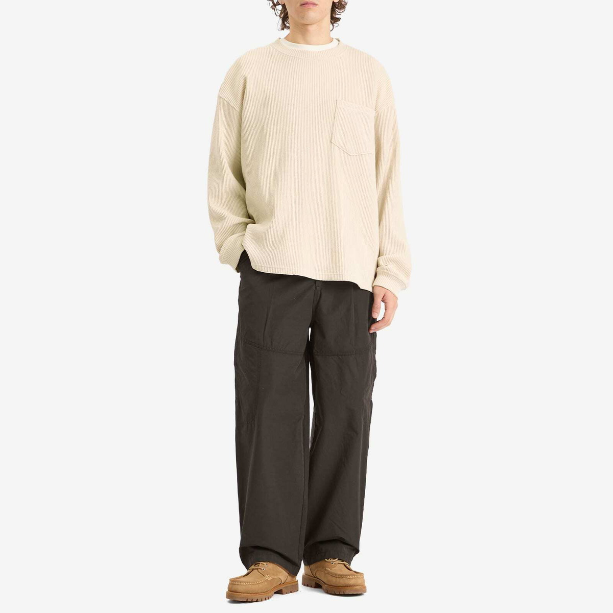 FrizmWORKS Men's Oversized Waffle Pocket Long Sleeve T-Shirt in Cream