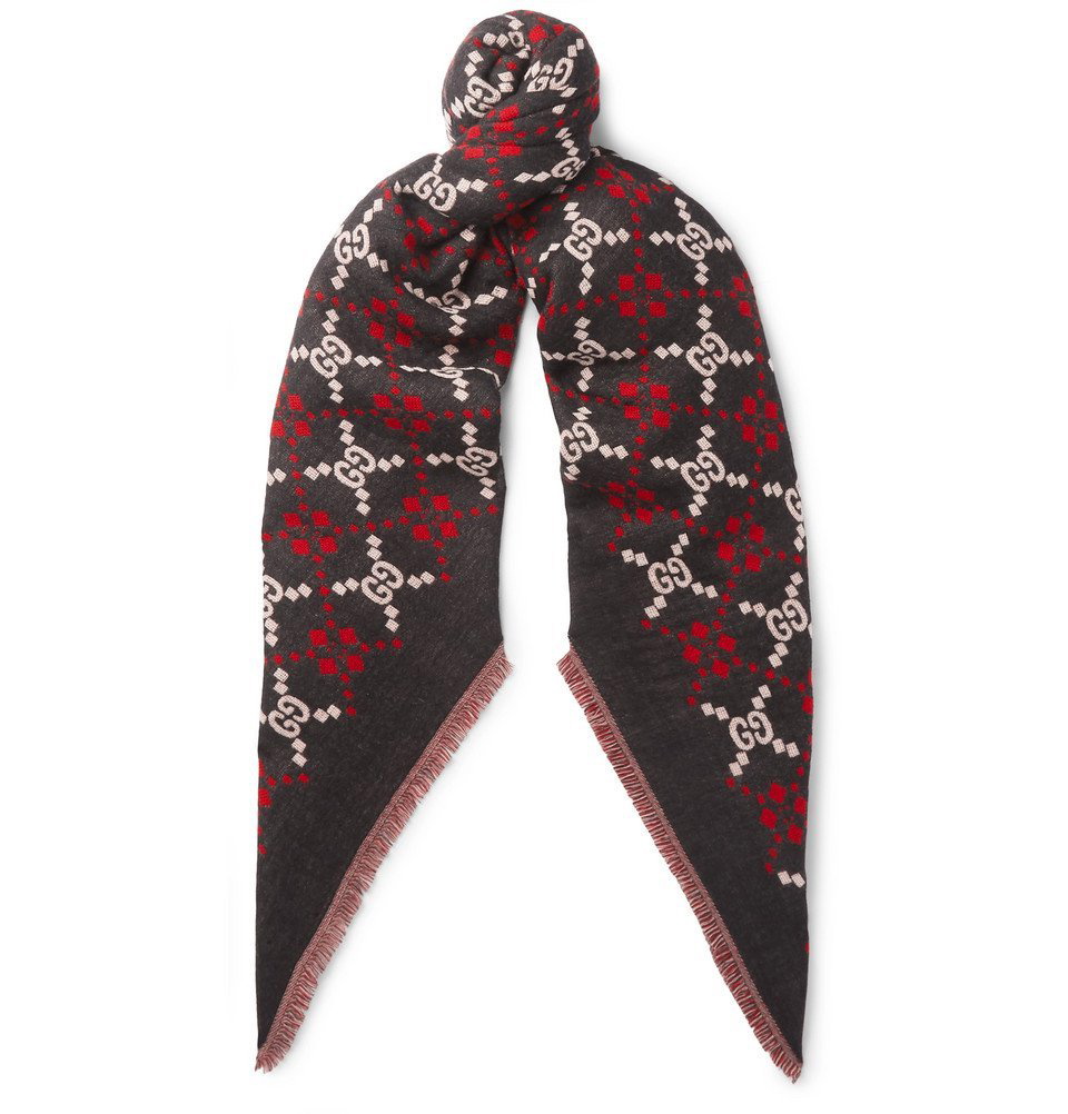 New Gucci Wool Jumbo GG Monogram Black/Grey Jacquard Scarf