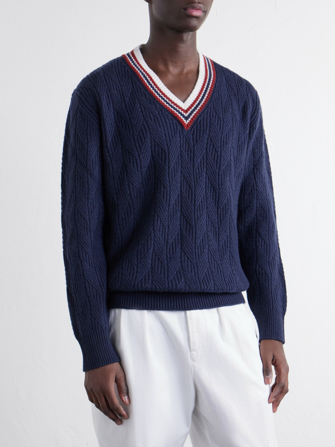 Canali - Herringbone Wool and Cashmere-Blend Sweater - Blue