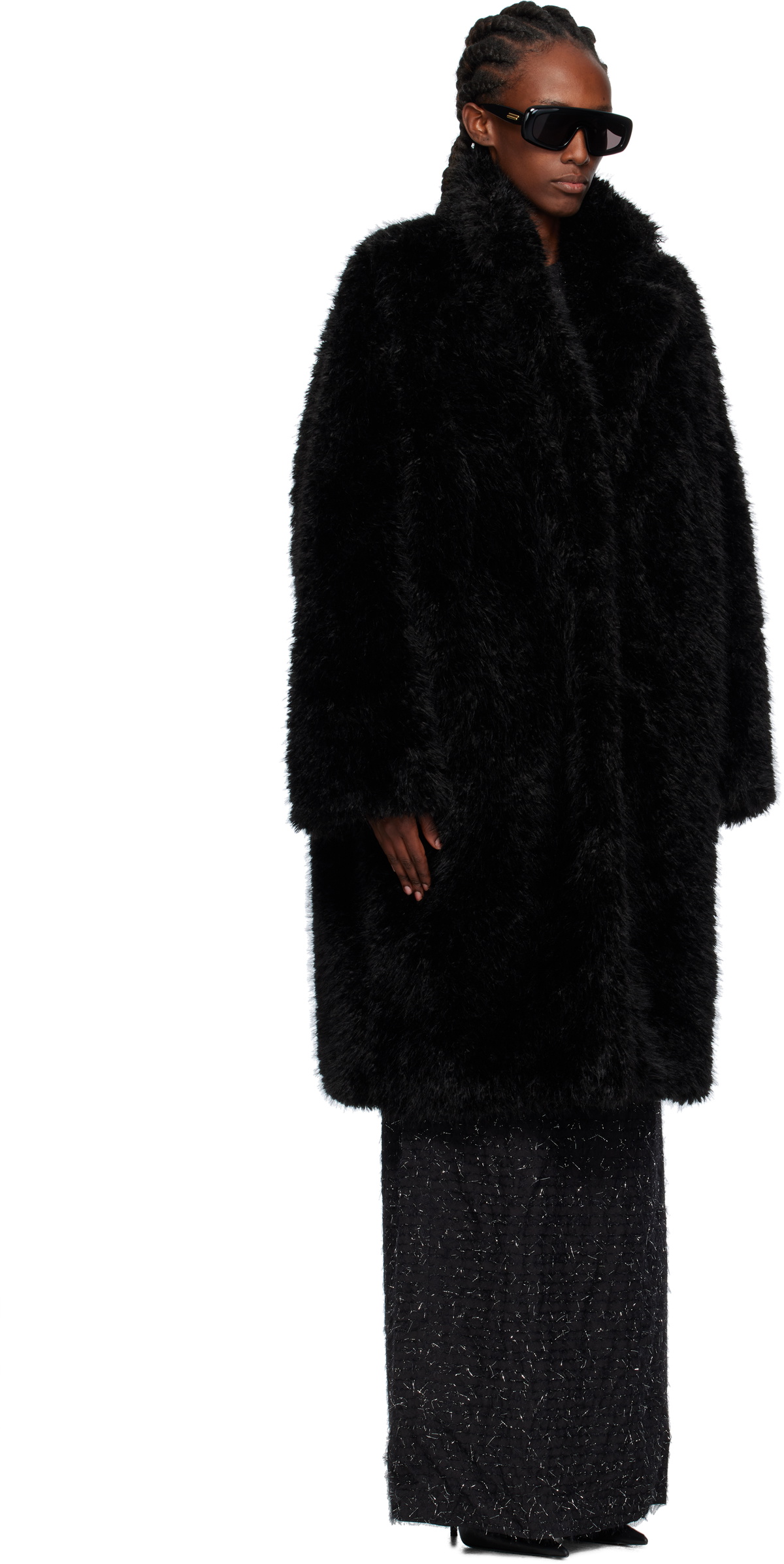 Pushbutton Black Notched Lapel Faux-Fur Coat